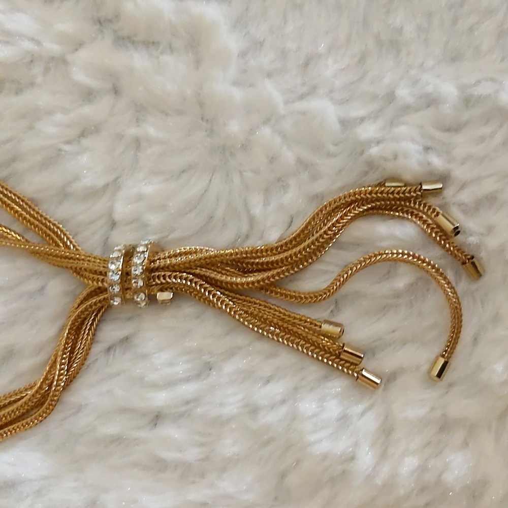 NWOT Gold Toned Box Chain Y Necklace With Ringed Gem Pendant Adjustable - Picture 4 of 6
